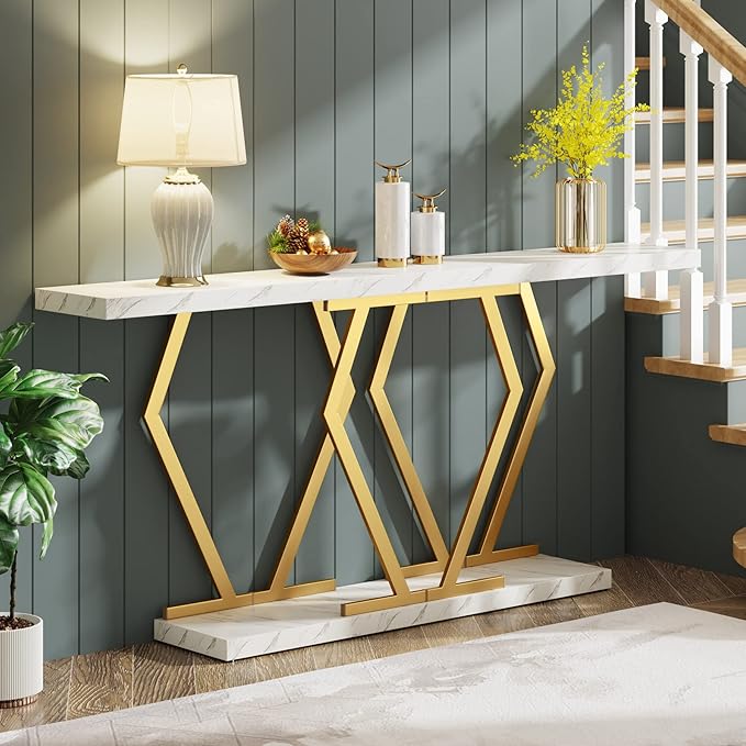 Tribesigns 70.9 Inch Extra Long Sofa Table， White and Gold Console Table with Faux Marble Tabletop, Modern Long Entryway Table with Gold Frame