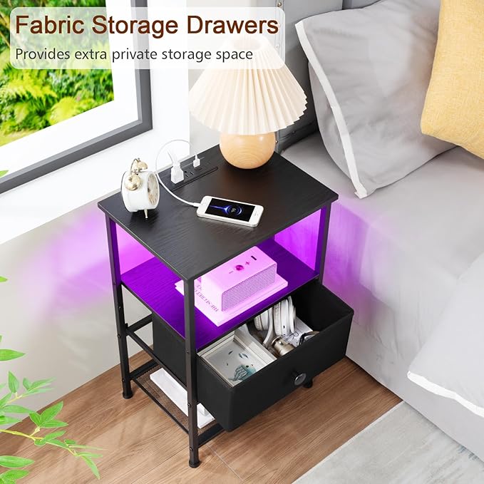 Night Stand Set 2, LED Nightstand with Charging Station, End Tables Living Room with Fabric Drawer, Small Side Tables for Bedroom, Small Space, Black, HETS01BK
