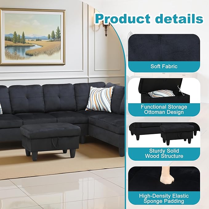 Couches for Living Room Modern L Shaped Couch Comfy Flannel Fabric 3 Pieces Sectional Sofa with Chaise, Ottoman with Storage for Office and Small Apartment, Black