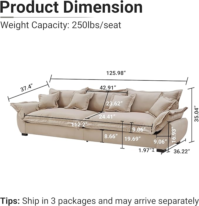 126 Inch Sailing Design Modular Sectional Cloud Sofa with Storage, Modern Deep Seat Couch w/Throw Pillows & Removable Backrest for Living Room Bedroom Apartment,Light Khaki