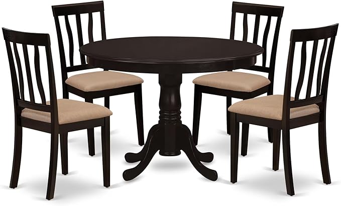 East West Furniture HLAN5-CAP-C 5 Piece Kitchen Table Set for 4 Includes a Round Dining Table with Pedestal and 4 Linen Fabric Dining Room Chairs, 42x42 Inch, Cappuccino