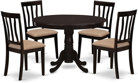 East West Furniture HLAN5-CAP-C 5 Piece Kitchen Table Set for 4 Includes a Round Dining Table with Pedestal and 4 Linen Fabric Dining Room Chairs, 42x42 Inch, Cappuccino