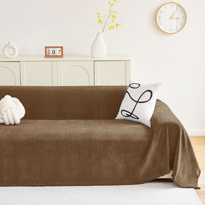 hyha Couch Cover for Dogs, Boho Sofa Covers for 3 Cushion Couch Washable, Chenille Sofa Slipcover for Pets, Soft Loveseat Sectional Couch Throw Blankets with Tassels (Chocolate, 71x118 Inch)