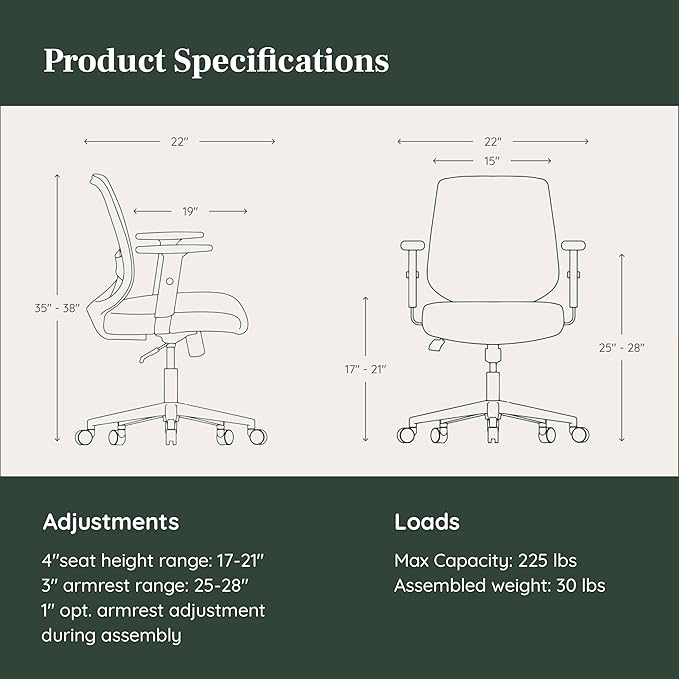 Branch Daily Chair - Vegan Leather Office Chair with Swivel, Lumbar Rest, and Adjustable Armrests - Comfortable Seating for Improved Posture and Productivity - Dune