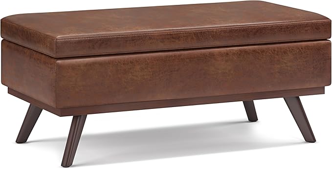 SIMPLIHOME Owen 42 inch Wide Mid Century Modern Rectangle Lift Top Large Coffee Table Storage Ottoman in Distressed Saddle Brown Vegan Faux Leather, Assembled, for the Living Room and Entryway