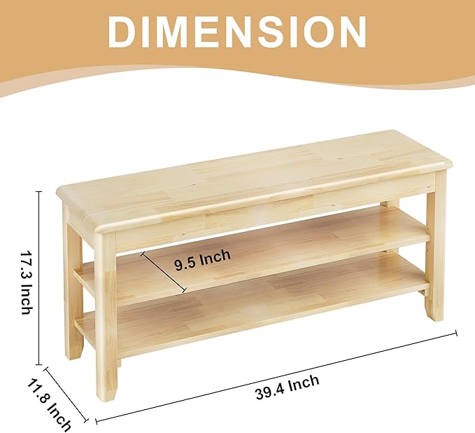 Shoe Storage Bench for Entryway - 3 Tier Shoe Rack for Front Door Entrance, Rubberwood Shoes Rack Height Adjustable, Entryway Bench with Shoes Storage for Any Room (Natural, 39.4" W)