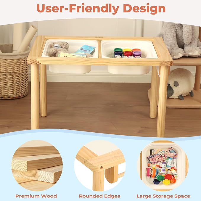Sensory Table for Toddlers with 2 Storage Bins, Wooden Activity Table with Double-Sided Boards, Sand and Water Play, Indoor & Outdoor Use