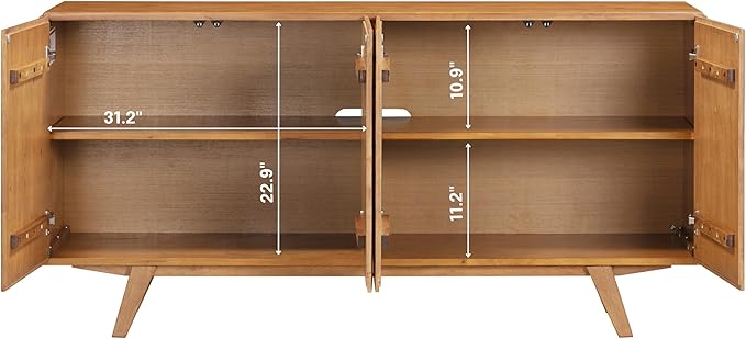 NTC Sapa Mid-Century Modern Solid Wood Sideboard – 4-Door Accent Buffet Cabinet with Carved Geometric Fronts, for Living Room, Dining Room, or Entryway, Effortless Assembly, Teak Look