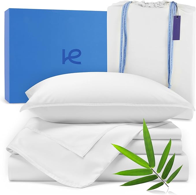 Kickoff Viscose Bamboo Sheets Twin XL Size 3-pc 100% Organic Bamboo Viscose Bed Cooling Sheets Twin XL Size Set Cool Bedding for hot Sleepers Sheet, Flat, Fitted, Pillowcase (Snow White, TXL)