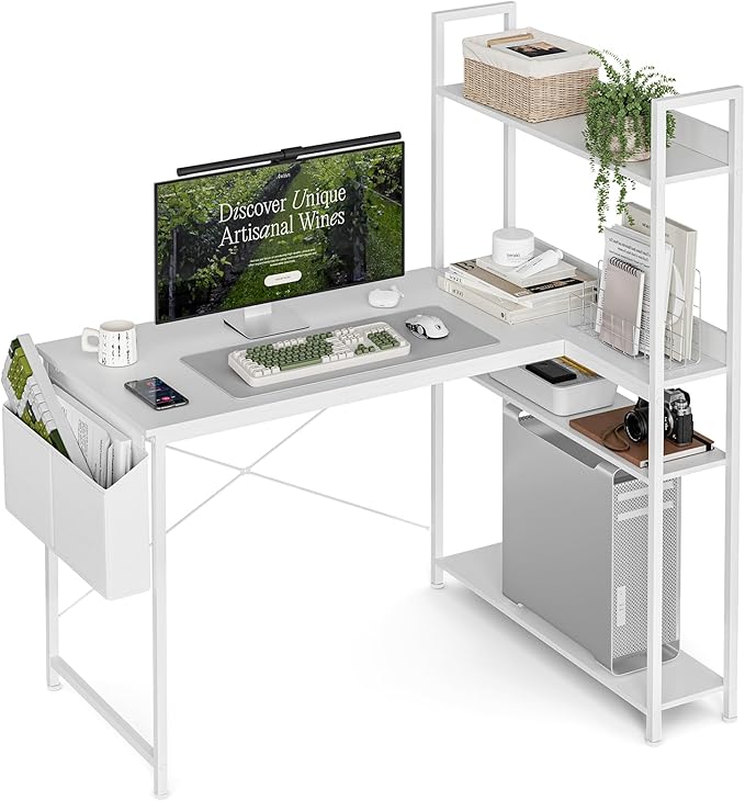 40 Inch L Shaped Computer Desk with Reversible Storage Shelves, Home Office Corner Desk Study Writing Table with Hutch, Study, White