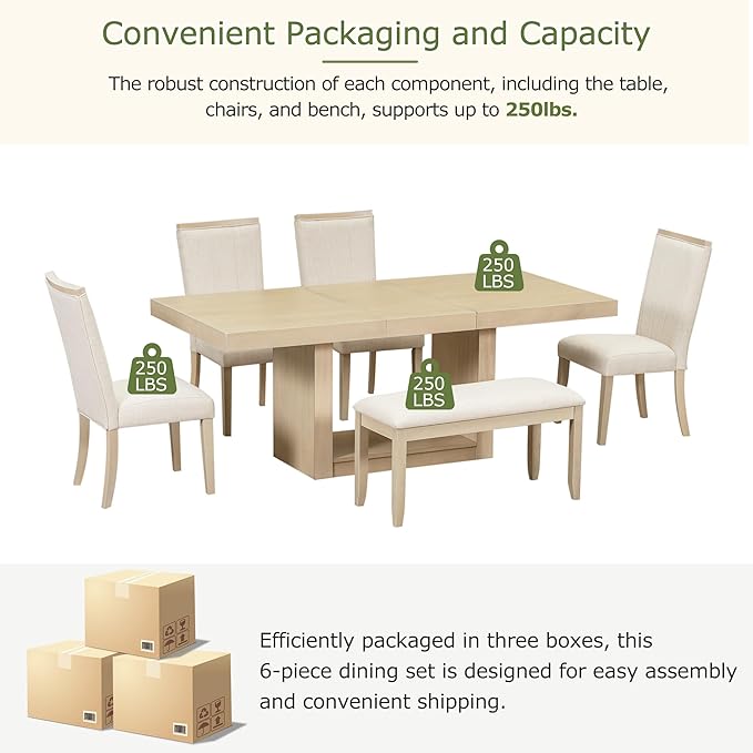 Ball & Cast 6 Piece Dining Table Set with 4 Upholstered Chairs & 1 Bench,Wooden Living Room Furniture for 6 W/ 78" Rectangle Kitchen Desk,for Restaurant,Home Bistro,Natural+Beige