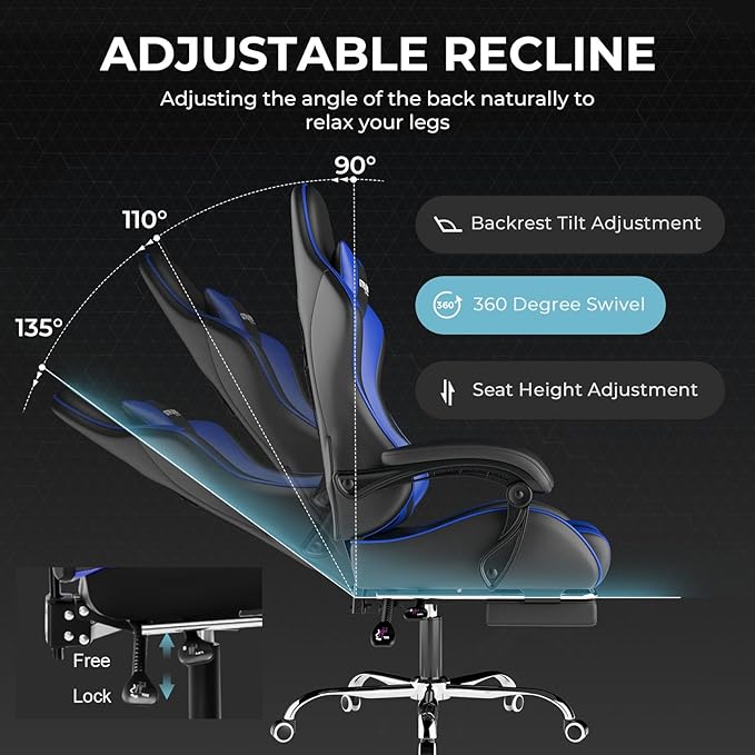 GTPLAYER Gaming Chair, Computer Chair with Footrest and Lumbar Support, Height Adjustable Game Chair with 360°-Swivel Seat and Headrest and for Office or Gaming (Faux Leather, Blue)