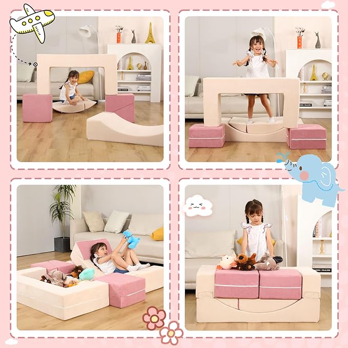 Modular Kids Play Couch, Kids Sofa Toddler Couch, Foam Play Set with Recliner, Toddler Sofa for Creative Boys & Girls, Convertible Foam Climbing Blocks