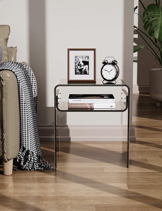 Clear Acrylic End Table 2-Tier Bedside Nightstand for Living Room Bedroom Home Decor (Black)