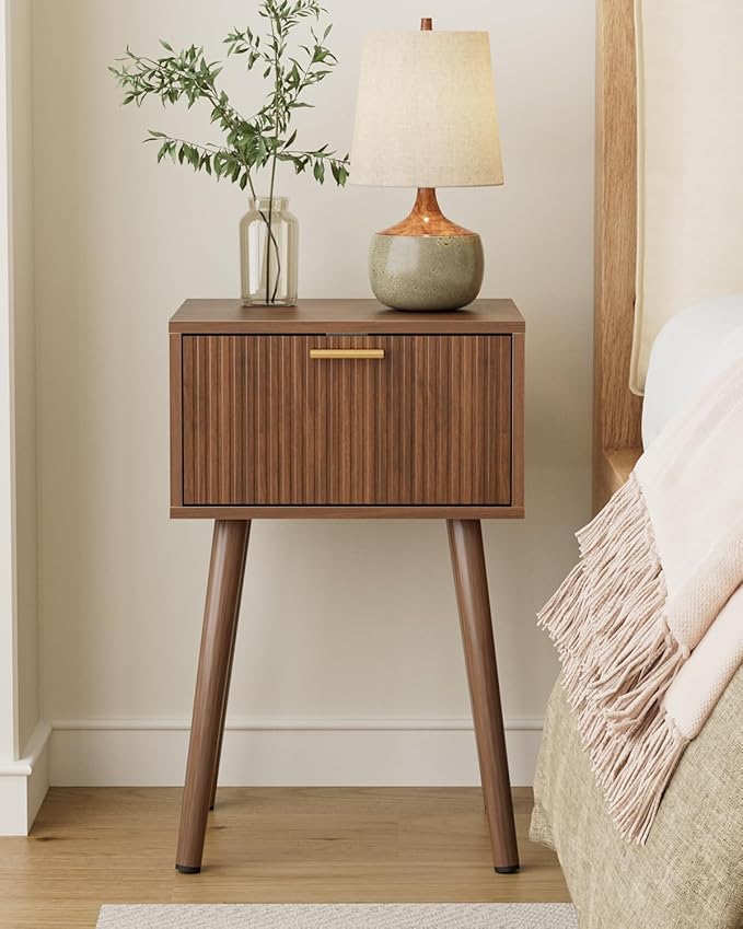 Night Stand, Walnut Nightstand with Fluted Door, Small Modern Mid-Century Bedside Table for Bedroom, End Table for Living Room