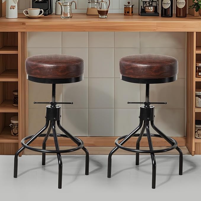 Industrial Barstools Set of 2 Adjustable Swivel Round Bar Stools Modern PU Leather 28inch Backless Counter Height Stool Metal Bar Chair for Kitchen Island (2, Walnut)