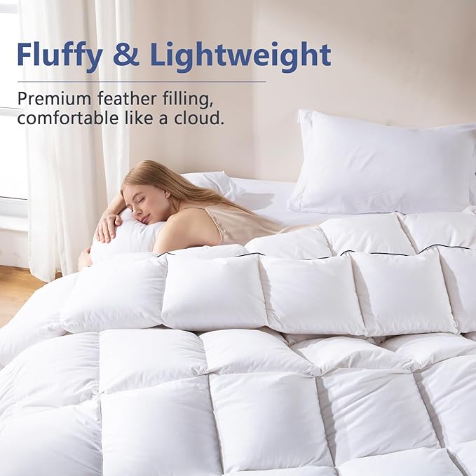 DOWNCOOL Feather Comforter Twin, White Fluffy Duvet Insert with Ultra Soft 100% Cotton Cover, All Season Luxurious Hotel Bed Comforter Twin with Corner Tabs, 68"x90"