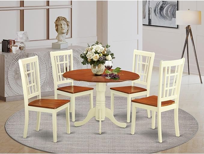 East West Furniture DLNI5-BMK-W 5 Piece Dinette Set for 4 Includes a Round Dining Room Table with Dropleaf and 4 Dining Chairs, 42x42 Inch, Buttermilk & Cherry