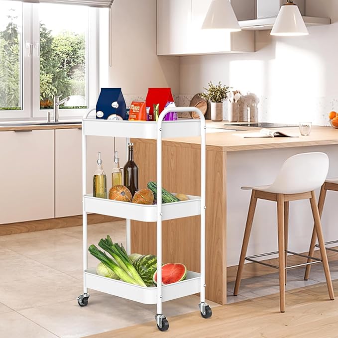 3-Tier Rolling Metal Storage Cart with Wheels, Multi-Functional Organizer for Office, Kitchen, Bathroom, Books Diapers - Easy Assembly (White)