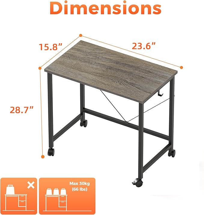 Rolling Computer Desk with Wheels, Gaming Desk for Small Spaces, Modern Simple Style Table for Home Office, Study Writing Table (Caster, Stone Gray, 24 inch)
