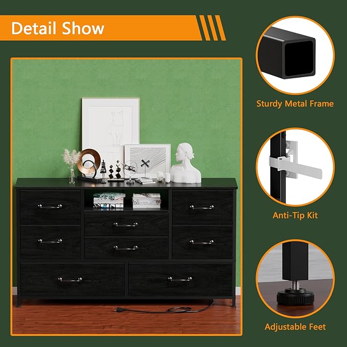 Furnulem Dresser TV Stand with Power Outlet for 55'' Long TV, Entertainment Center with 8 Deep Drawers,Wide Chest of Drawer for Storage in Bedroom,Closet,Living Room,Hallway(Black Oak)