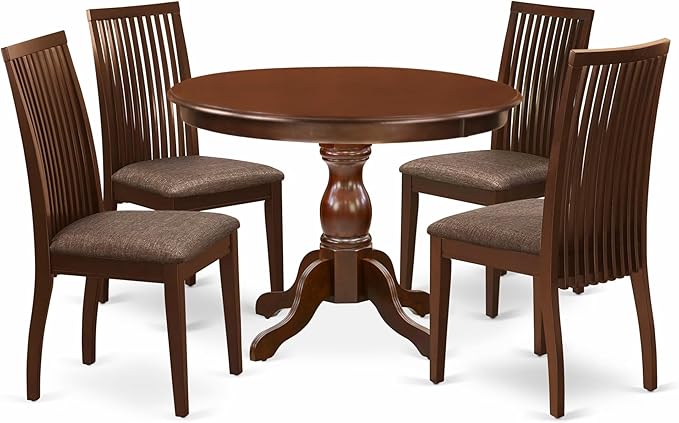 East West Furniture HBIP5-MAH-C 5 Piece Dinette Set for 4 Includes a Round Dining Room Table with Pedestal and 4 Linen Fabric Upholstered Dining Chairs, 42x42 Inch, Mahogany