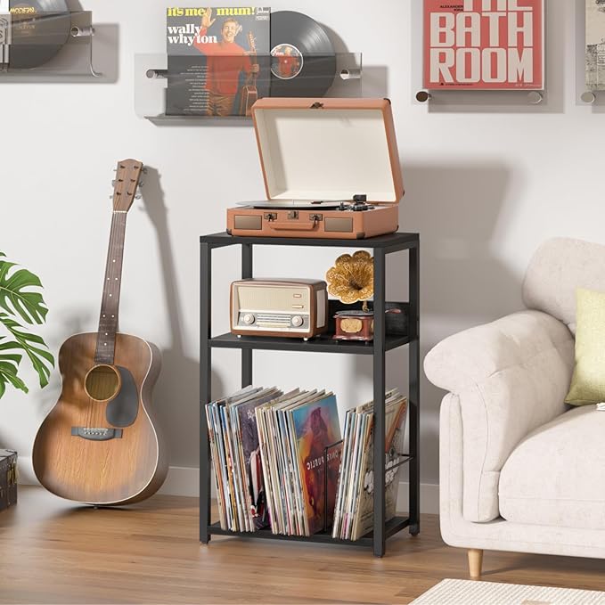 LELELINKY Record Player Stand Set of 2, 3-Tier End Side Table with Vinyl Record Storage, Vinyl Record Holder Up to 120 Albums, Turntable Stand with Vinyls Storage for Music Living Room