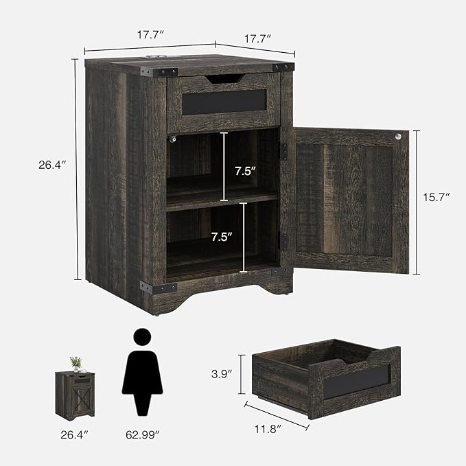 Farmhouse End Table Set of 2 with Charging Station, 26.4" Tall Rustic Nightstand with Drawer and X Barn Door, Country Bedside Sofa Side Table for Living Room, Dark Brown