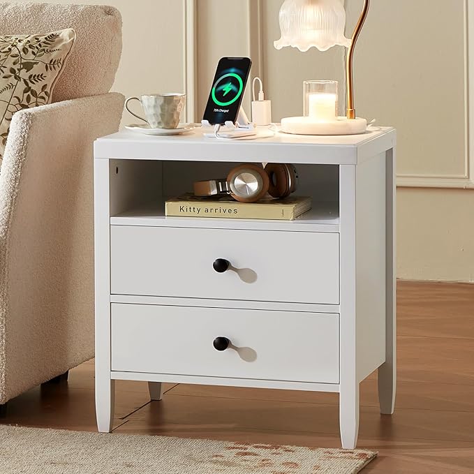 Huuger White Nightstand Set of 2, Night Stand with Charger Station, Bedside Table with 2 Drawers, Bed Side Tables for Bedroom, Modern Nightstands, Metal Knobs, Painted Surface