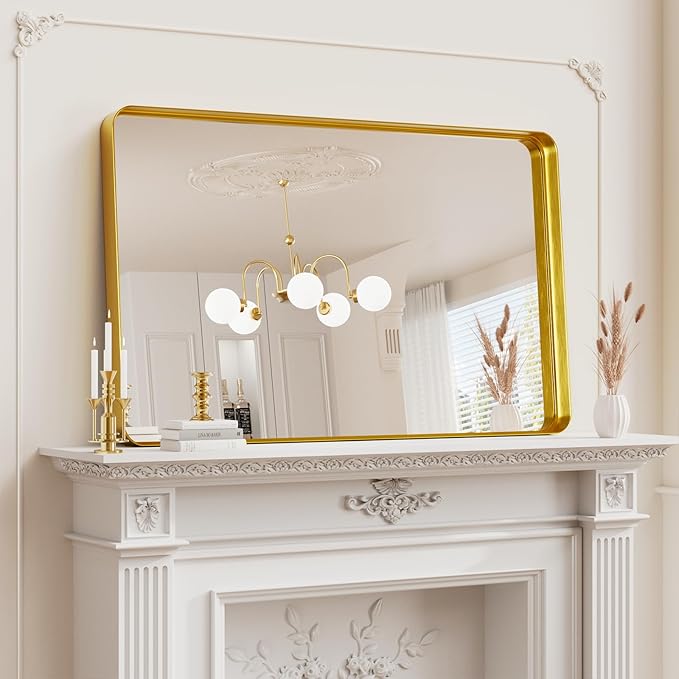 Koonmi Gold Wall Mirror for Bathroom, 30x48 Inch Matte Deep Framed Rounded Rectangle Vanity Mirror for Farmhouse Living Room, Tempered Glass, Anti-Rust, Vertically or Horizontally