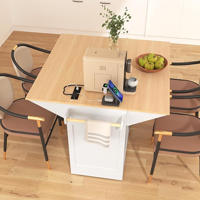 56" Large Kitchen Island with 2 Drop Leafs,Rolling Kitchen Cart on 5 Wheels W/Power Outlet & 3 Drawers,Folding Storage Dining Table W/Spice & Towel Racks,for Kitchen,Dining Room,White