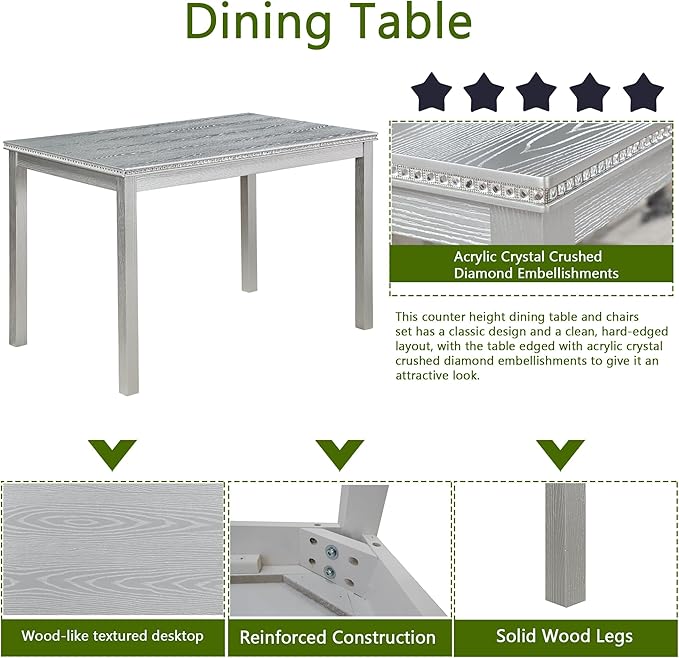 KEIKI 5-Piece Standard Height Dining Table Set with Rectangular Table and 4 Upholstered Chair, for 4 Person, Crystal Decoration Wooden Table Set, Easy Assembly, for Kitchen, Dining Room, Silver Grey