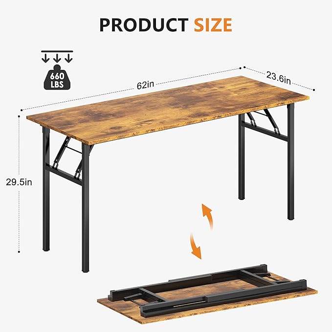 SDHYL 62 inches No Assembly Foldable Computer Desk for Home Office Workstation, Study and Writing, Rustic Brown