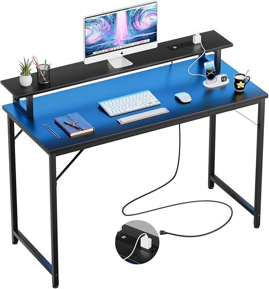 47 inch Computer Desk with Power Outlets, Gaming Desk with LED Lights, Home Office Work Desk with Monitor Shelf, Modern Office Desk Study Writing Table for Small Spaces, Black