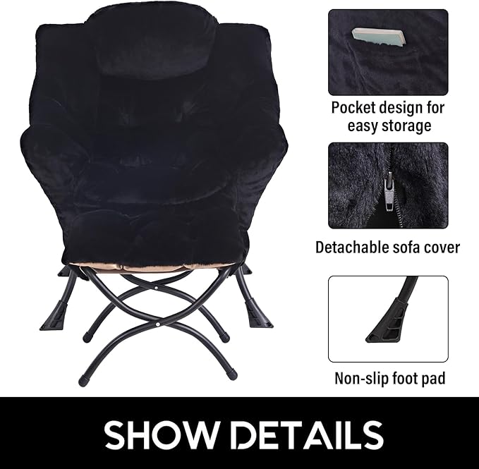LITA Lazy Chair with Ottoman, Modern Accent Leisure Upholstered Sofa Chair, Lounge Reading Chair with Armrests and a Side Pocket for Living Room, Bedroom & Small Space, Plush Black
