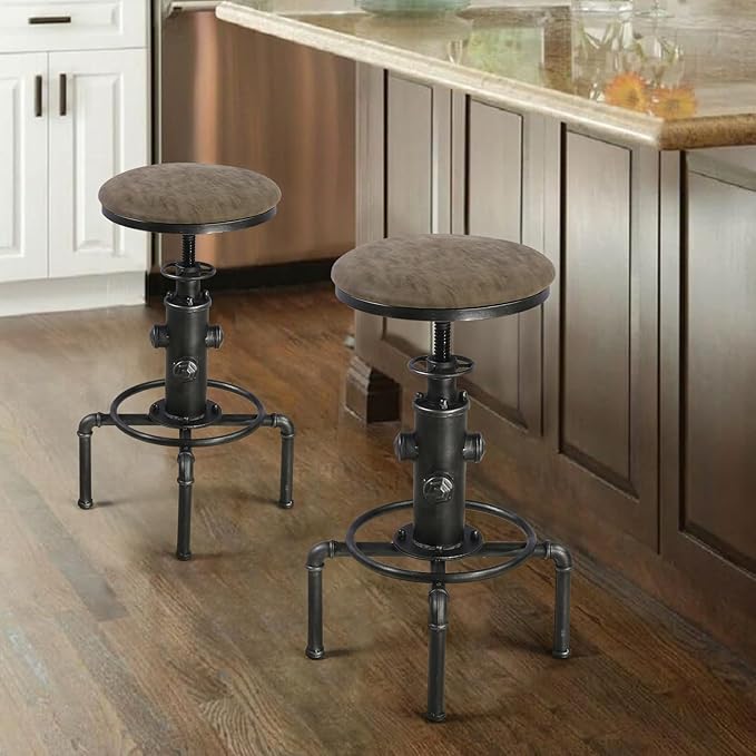 Topower Antique Vintage Industrial Barstool PU Leather Water Pipe Fire Hydrant Design Cafe Coffee Industrial Bar Stool Set of 2 Silver