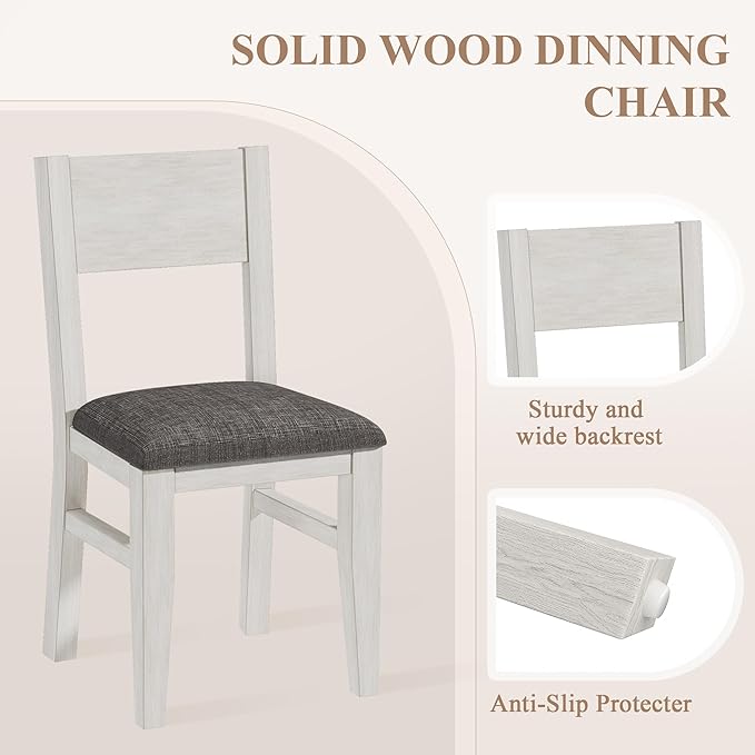 Solid Wood Dining Chairs Set of 2, Farmhouse Kitchen Chairs with Upholstered Cushion, Easy Assembly for Dining Room, Kitchen, Washed Gray