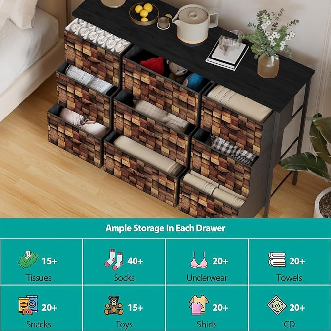 TV Stand with 9 Drawers, Chest of Drawers with Fabric Bins, Black Wood Top Dresser for Bedroom, Storage Organizer Cabinet for Closet (Brown)