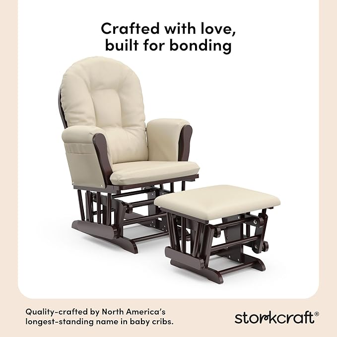 Storkcraft Premium Hoop Glider & Ottoman (Espresso with Beige) — GREENGUARD Gold Certified, Solid Wood Craftsmanship, Convenient Storage Pockets, Smooth-Gliding Chair for Nursery, Multi-Award-Winning