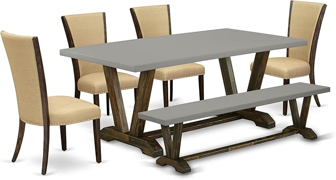 East West Furniture V797VE703-6 6 Piece Dining Table Set Contains a Rectangle Dining Room Table with V-Legs and 4 Brown Linen Fabric Parson Chairs with a Bench, 40x72 Inch, Multi-Color
