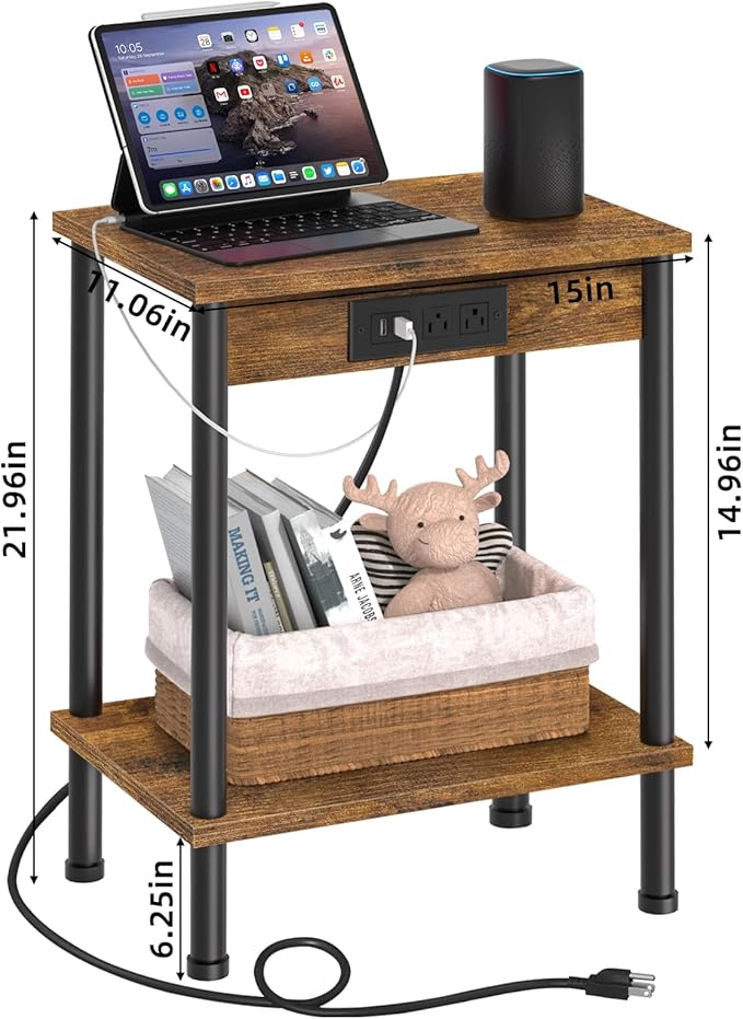 End Table with Charging Station,Small Side Table,2-Tier Nightstand with Storage Shelf,Sofa Bedside Table for Small Spaces in Living Room,Bedroom,Office,Easy Assembly,Rustic Brown