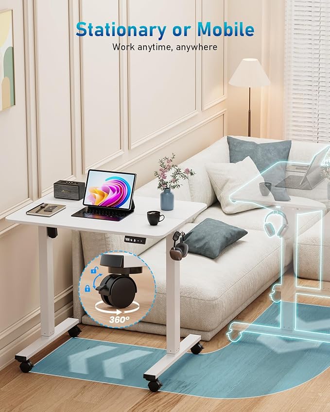 Small Height Adjustable Electric Standing Desk, 31.5" x 23.6" Sit Stand up Desk with Splice Board, Ergonomic Rising Computer Home Office Desk Table with Memory Preset, White Frame/White Top