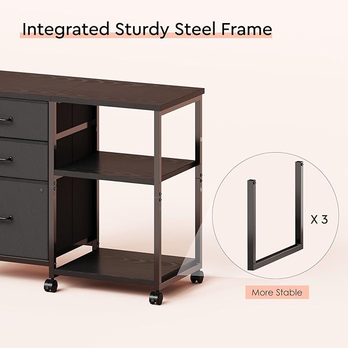 3 Drawer File Cabinet with Wheels Rolling Printer Stand with Open Storage Shelf Fabric Lateral Filing Cabinet for Home Office,Black