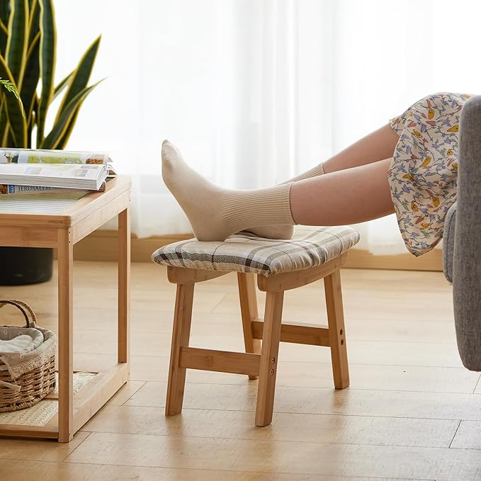Foot Stool Ottoman Foot Rest Under Desk,Small Stool for Living Room, Bedroom and Kitchen (Natural Legs - Stripes Stool Surface)
