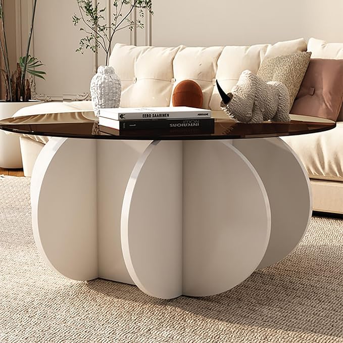 Mid Century Modern Round Glass Coffee Table for Living Room, Small Coffee Tables for Center Suitable for Bedroom Living Room Reception Office Tables (White/Brown)