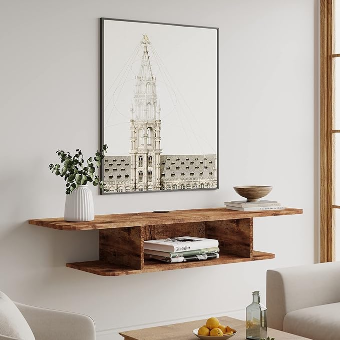 FITUEYES Floating TV Stand Wall Mounted, 2 Tier Floating Entertainment Shelf Under TV for Living Room, Rustic Brown