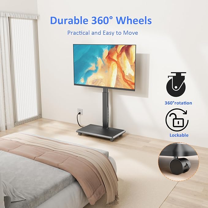 Rolling TV Stand with Power Outlet, Mobile TV Stand for 32-75 Inch TVs up to 110 lbs, 30° Swivel TV Floor Stand, 18 Adjustable Heights, TV Cart on Wheels for Bedroom, Office, Outdoor, Black