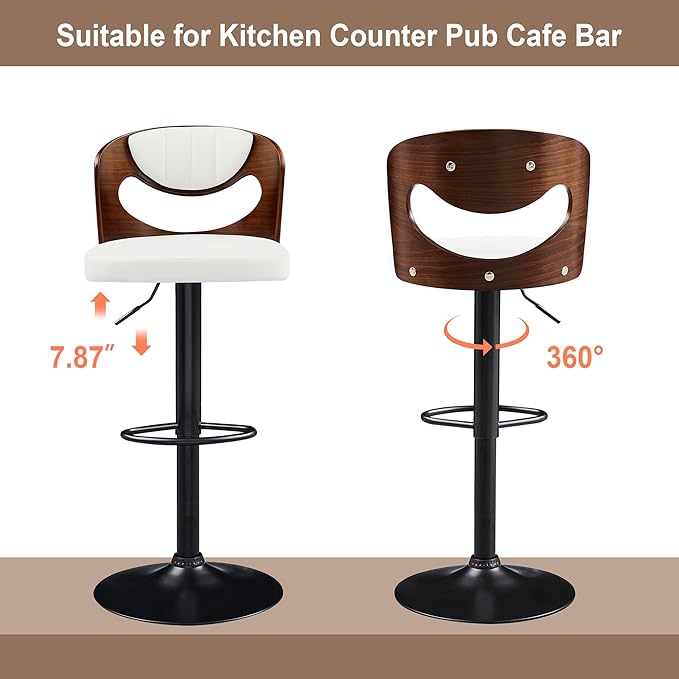 VECELO Bar Stools Set of 2,Kitchen Island Stools with Bentwood Back,Arm&Footrest,Counter Height Stools PU Leather Adjustable Height,Swivel Bar Chairs for Club Pub Dining Room, Ivory White