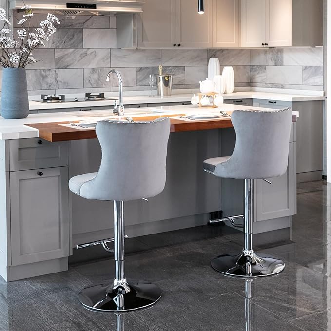 PacknWood Acosure Swivel Velvet Barstools Adjusatble Seat Height from 25-33" with Comfortable Tufted,Modern Upholstered Chrome Base Bar Chairs,for Home Pub Kitchen,Gray,Set of 2