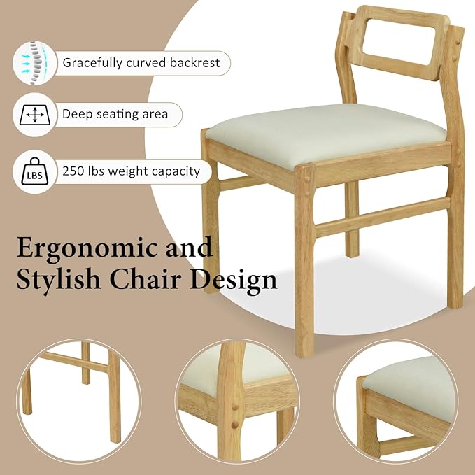 Drop Leaf Dining Table with Chairs Set of 4, 5-Piece Farmhouse Rectangular Dining Room Table with 4 Upholstered Solid Wood Chairs, Extendable Kitchen Tables for Small Place, Natural Rubber Wood